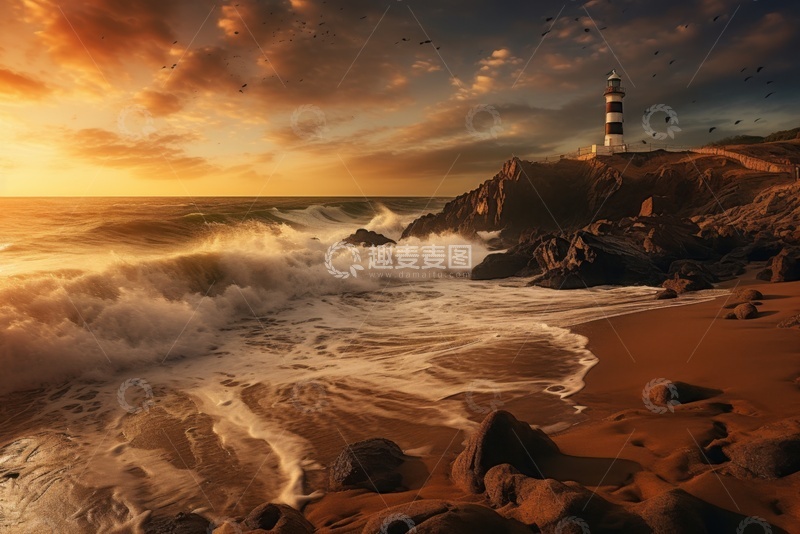 高清大图下载【趣麦麦图】黄昏灯塔海岸美景