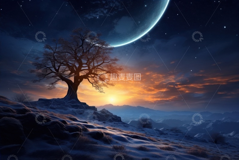 高清大图下载【趣麦麦图】户外夜景月亮树木风景