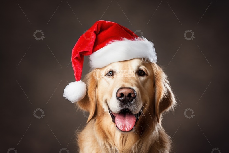 高清大图下载【趣麦麦图】带着圣诞帽的小金毛