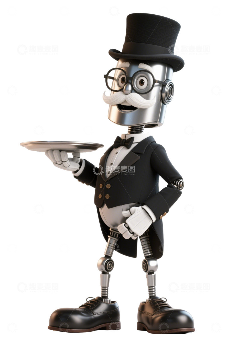 高清大图下载【趣麦麦图】卡通AI机器人管家服务生