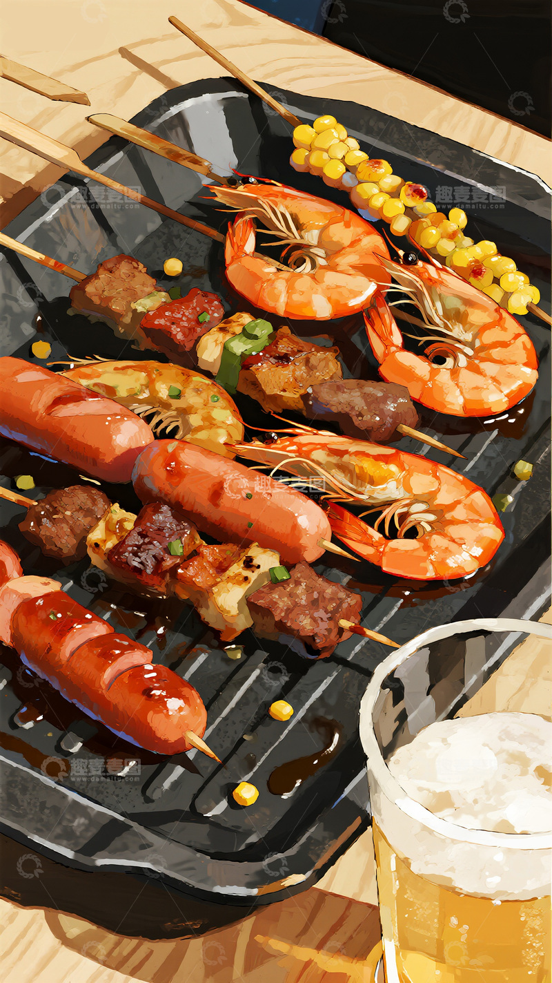 高清大图下载【趣麦麦图】丰盛烧烤与啤酒搭配图
