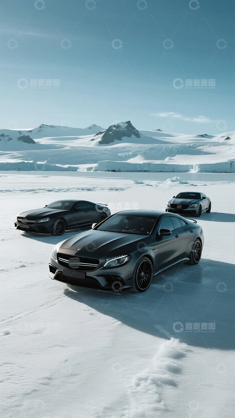 高清大图下载【趣麦麦图】高级雪原汽车冰川简约冬季俯瞰图背景图