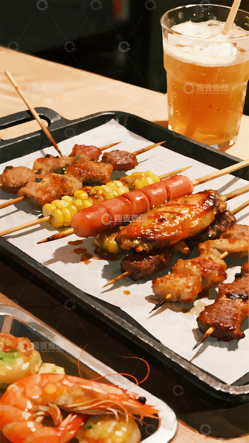 高清大图下载【趣麦麦图】美味烧烤与饮品组合图