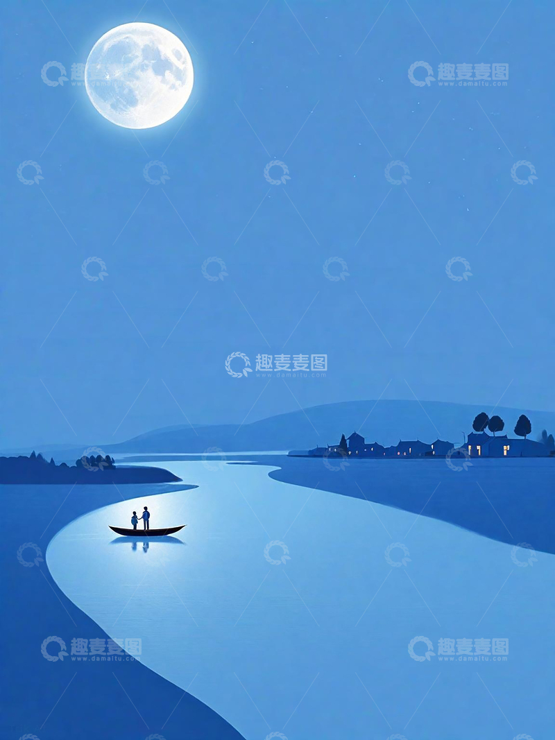 高清大图下载【趣麦麦图】故乡中秋月思乡海报版画风