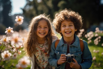 户外公园里玩耍的两个小孩