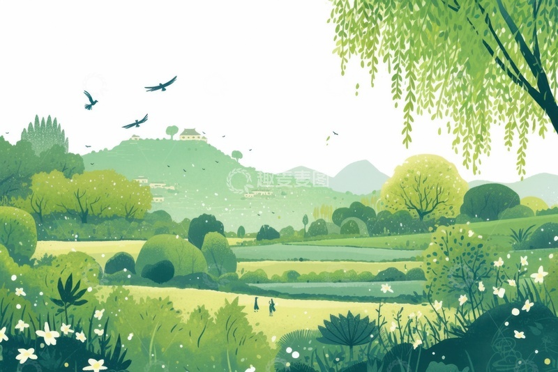 高清大图下载【趣麦麦图】手绘水彩水墨田园自然美景