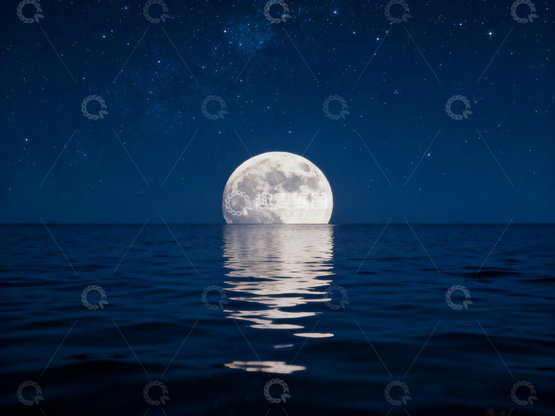 高清大图下载【趣麦麦图】明月水平线波浪1