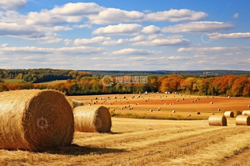 高清大图下载【趣麦麦图】秋季卷起来的稻草堆