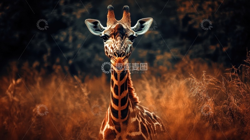 高清大图下载【趣麦麦图】荒草丛里的一只长颈鹿