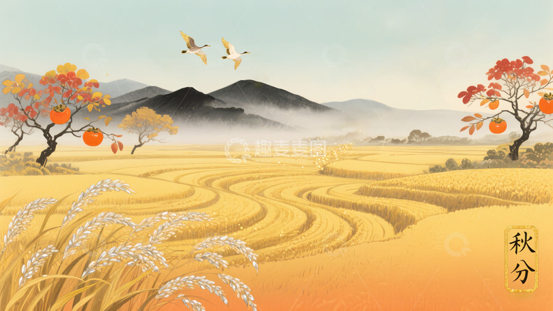 源文件下载【趣麦麦图】中国风风景画秋日旷野秋分美景