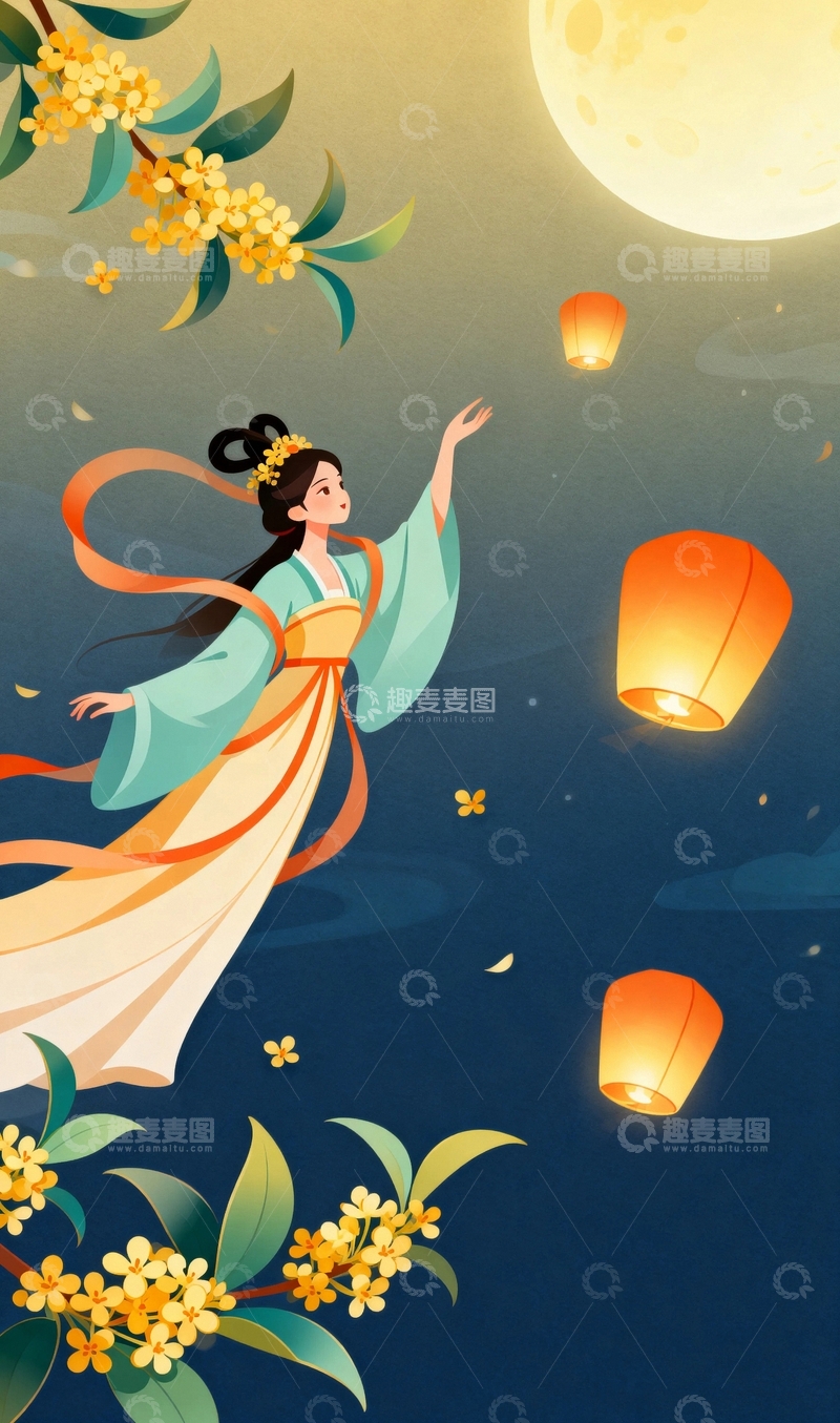 高清大图下载【趣麦麦图】中秋节嫦娥桂花背景01
