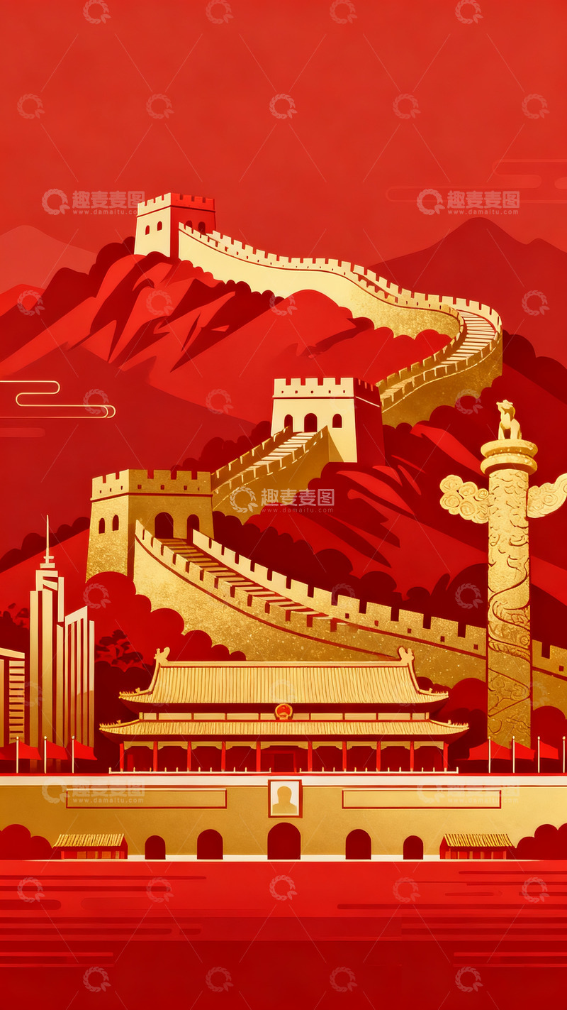 高清大图下载【趣麦麦图】中国经典建筑剪影红色