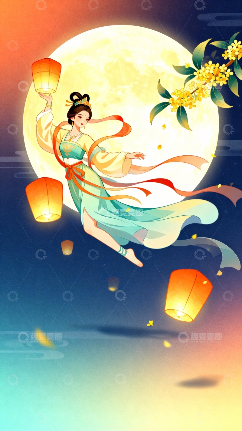 高清大图下载【趣麦麦图】中秋节嫦娥桂花背景10