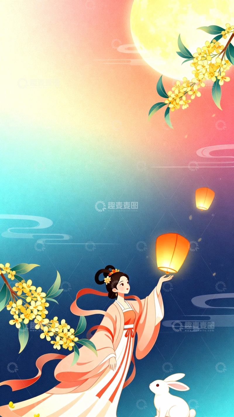 高清大图下载【趣麦麦图】中秋节嫦娥国潮风背景14