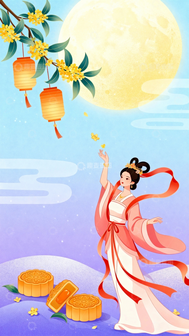 高清大图下载【趣麦麦图】中秋节嫦娥桂花背景03