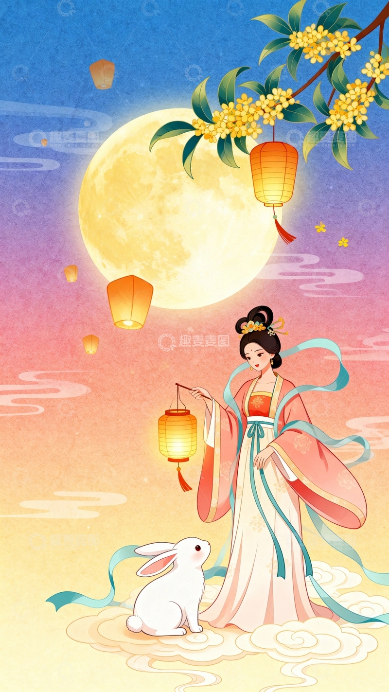 高清大图下载【趣麦麦图】中秋节嫦娥国潮风背景102