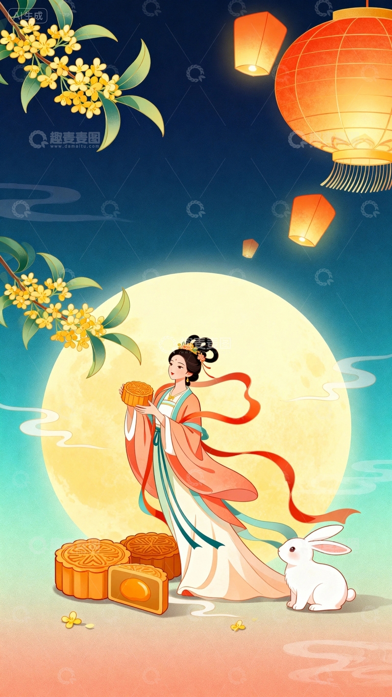 高清大图下载【趣麦麦图】中秋节嫦娥国潮风背景103