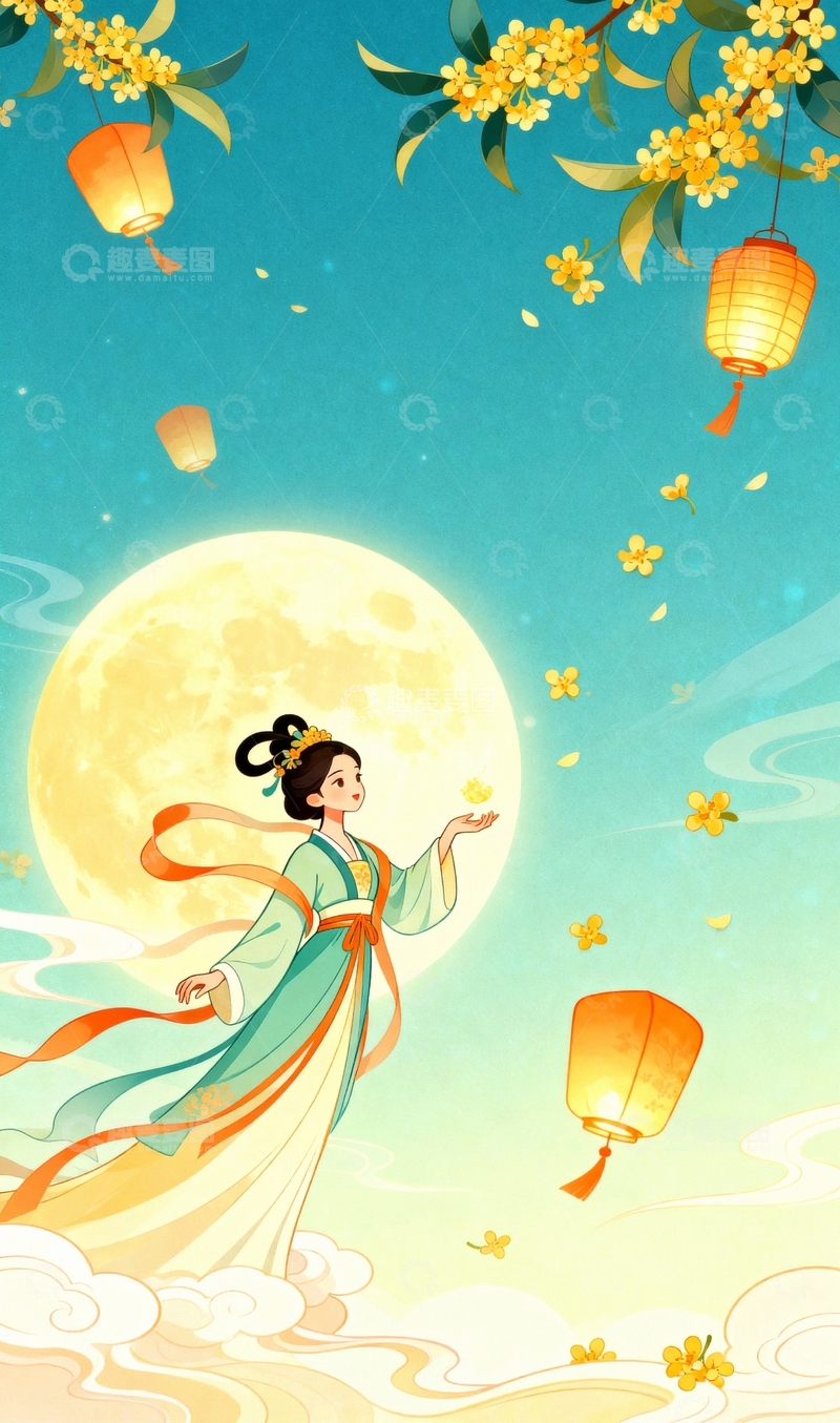 高清大图下载【趣麦麦图】中秋节嫦娥桂花中国风背景012