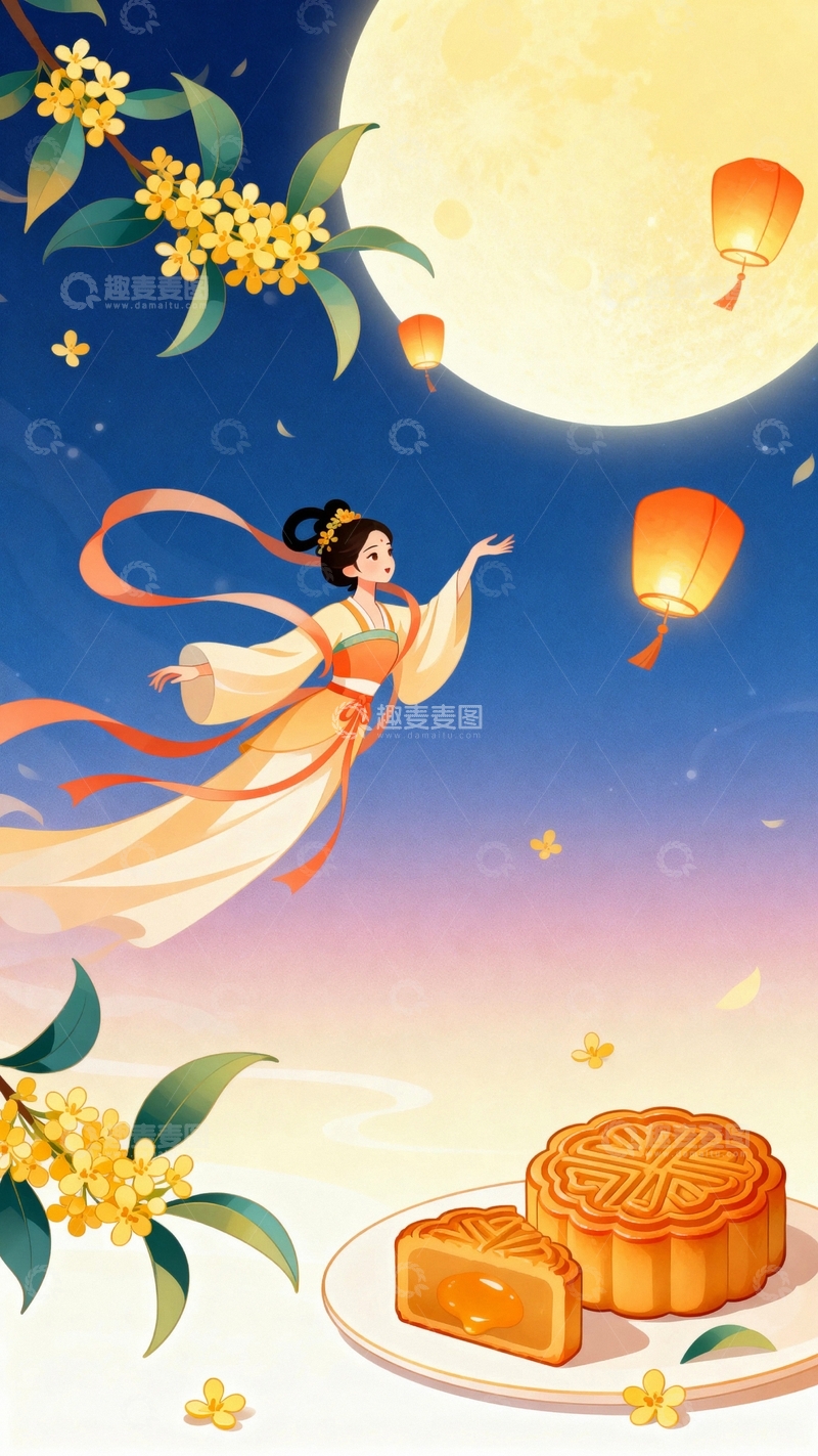 高清大图下载【趣麦麦图】中秋节嫦娥桂花中国风背景013