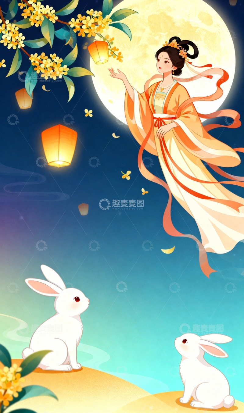 高清大图下载【趣麦麦图】中秋节嫦娥国潮风背景1123
