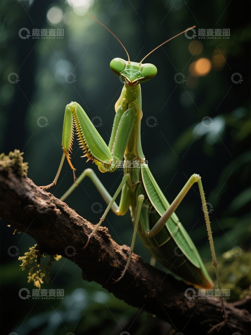 高清大图下载【趣麦麦图】绿螳螂栖息于树枝上，阳光穿透树叶