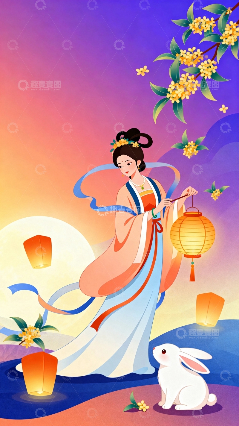 高清大图下载【趣麦麦图】中秋节嫦娥国潮风背景104