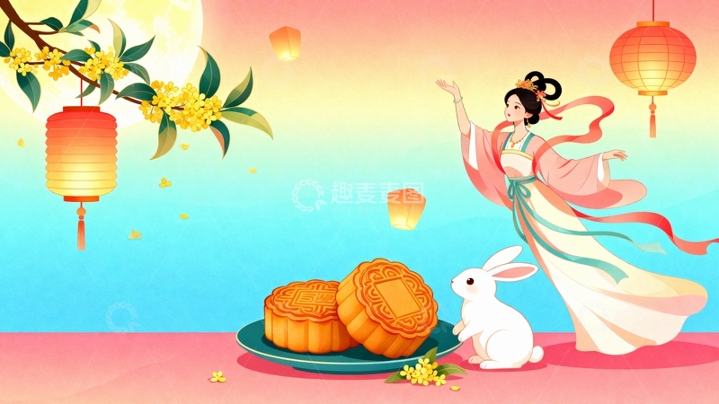 高清大图下载【趣麦麦图】中秋节嫦娥桂花中国风背景016