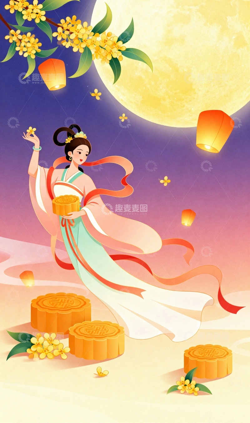 高清大图下载【趣麦麦图】中秋节嫦娥桂花中国风背景002