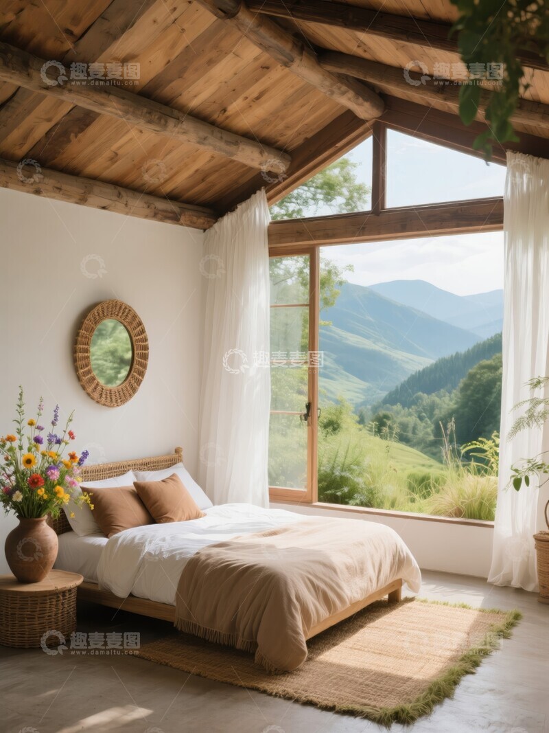 高清大图下载【趣麦麦图】木质屋顶卧室，窗外山景
