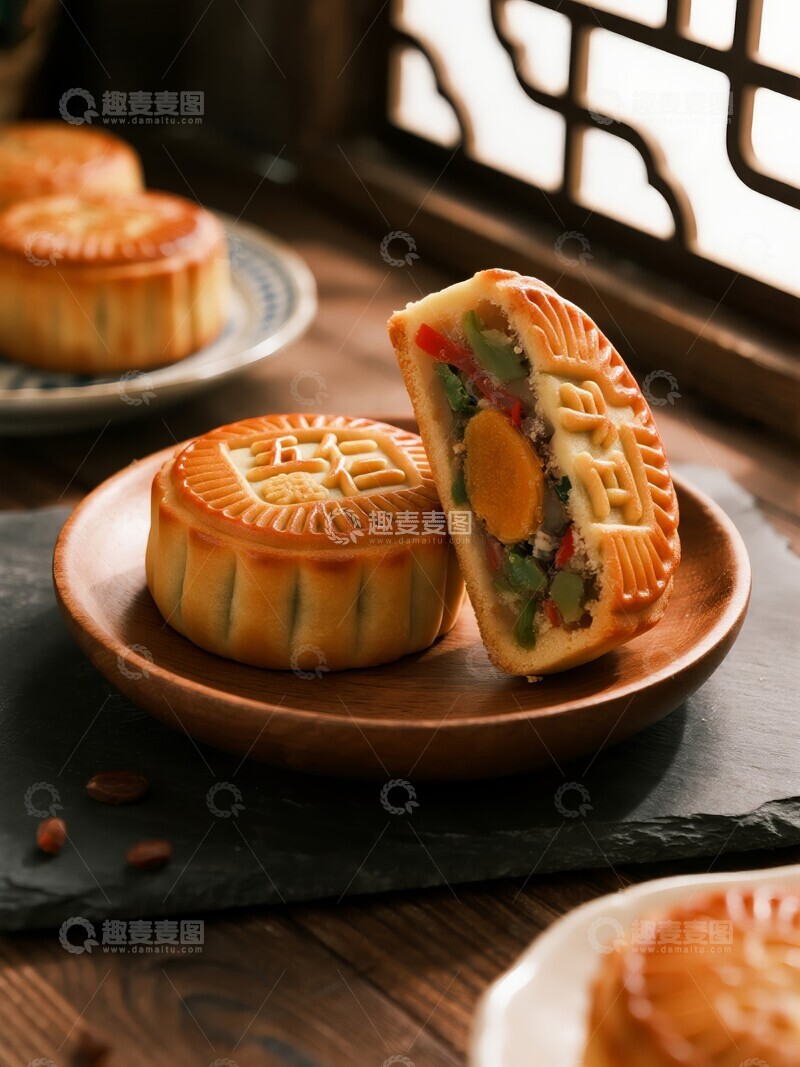 高清大图下载【趣麦麦图】传统中式五仁月饼摆盘