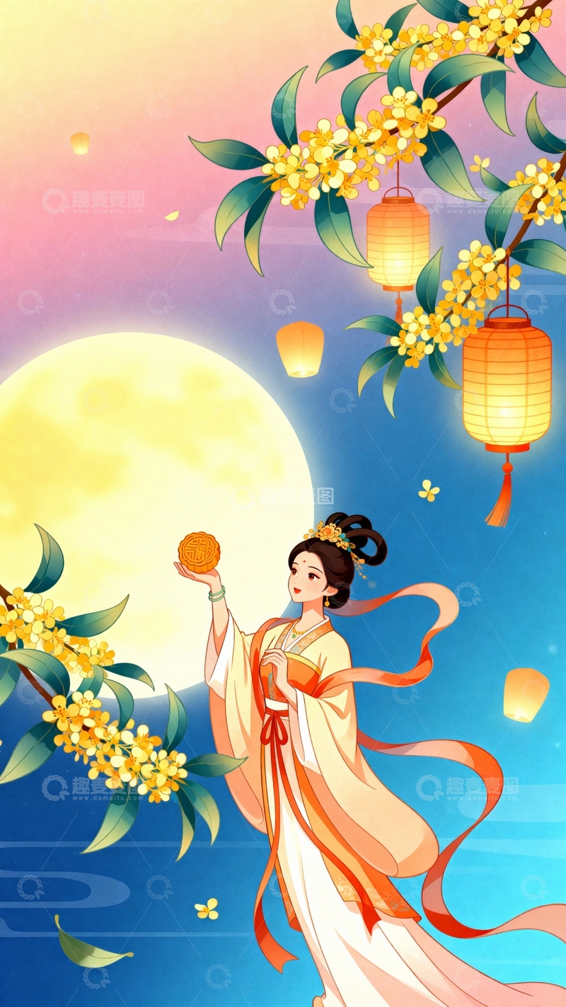 高清大图下载【趣麦麦图】中秋节嫦娥桂花中国风背景005