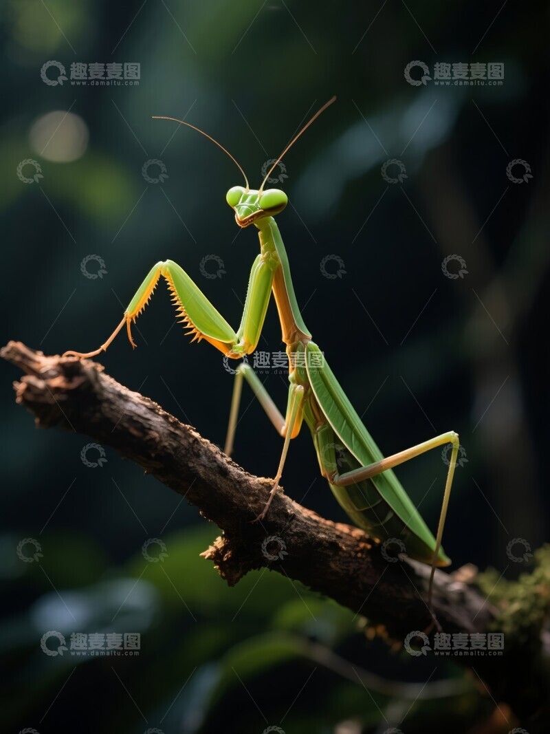 高清大图下载【趣麦麦图】绿色螳螂栖息于树枝