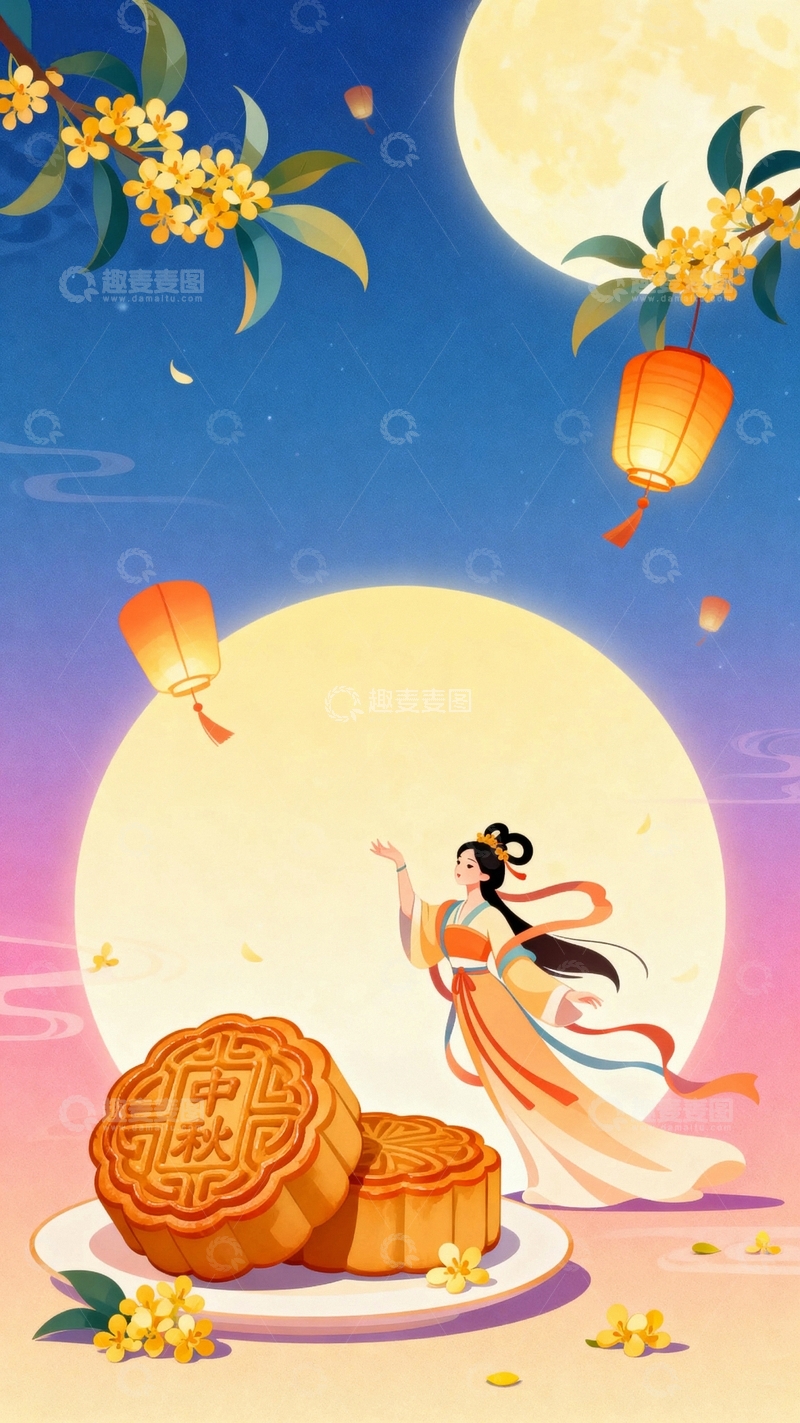 高清大图下载【趣麦麦图】中秋节嫦娥桂花中国风背景018