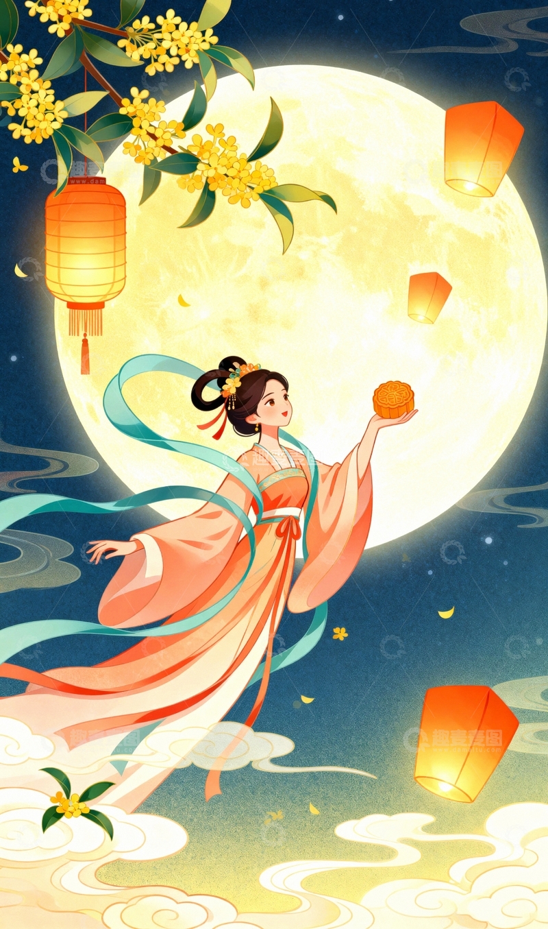 高清大图下载【趣麦麦图】中秋节嫦娥桂花中国风背景003