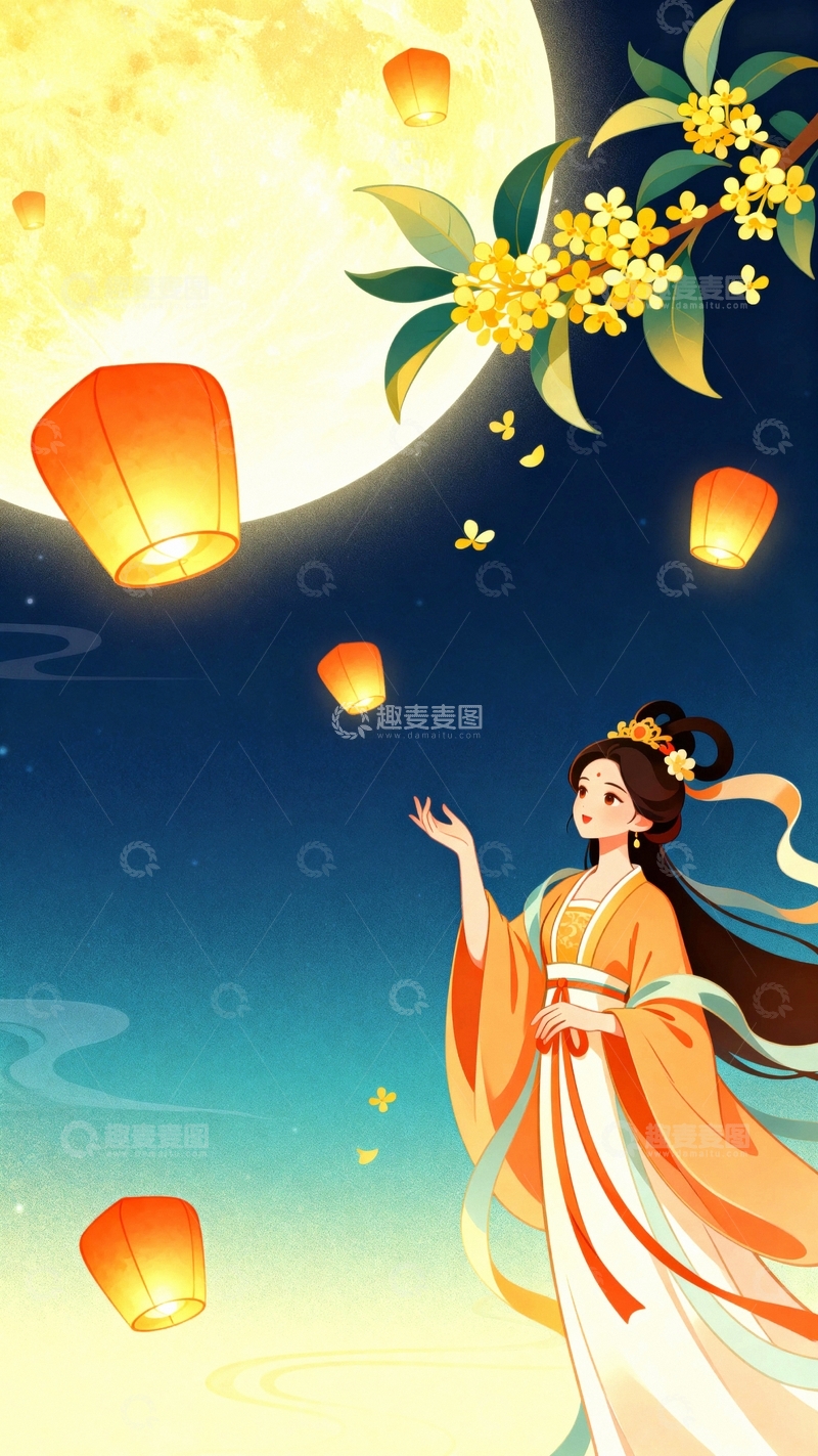 高清大图下载【趣麦麦图】中秋节嫦娥桂花中国风背景001