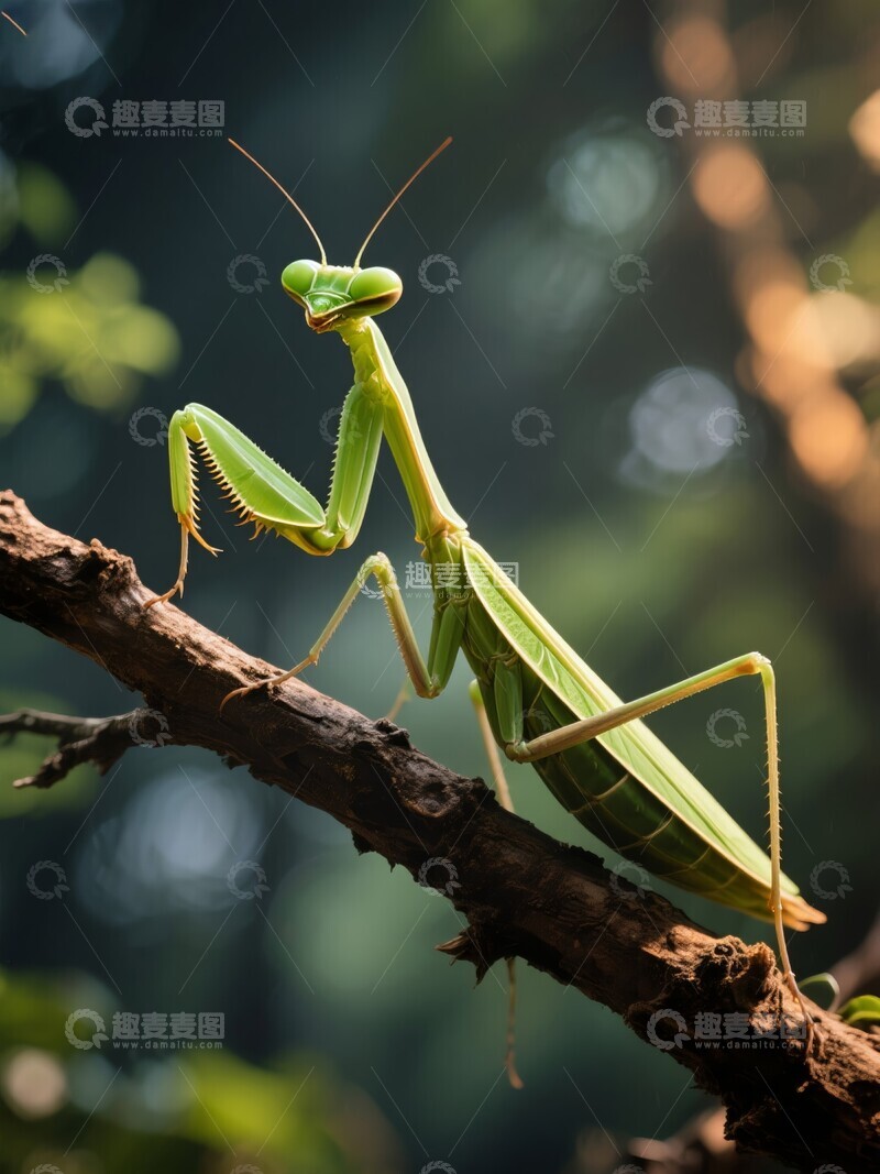高清大图下载【趣麦麦图】绿色螳螂栖息于树枝之上
