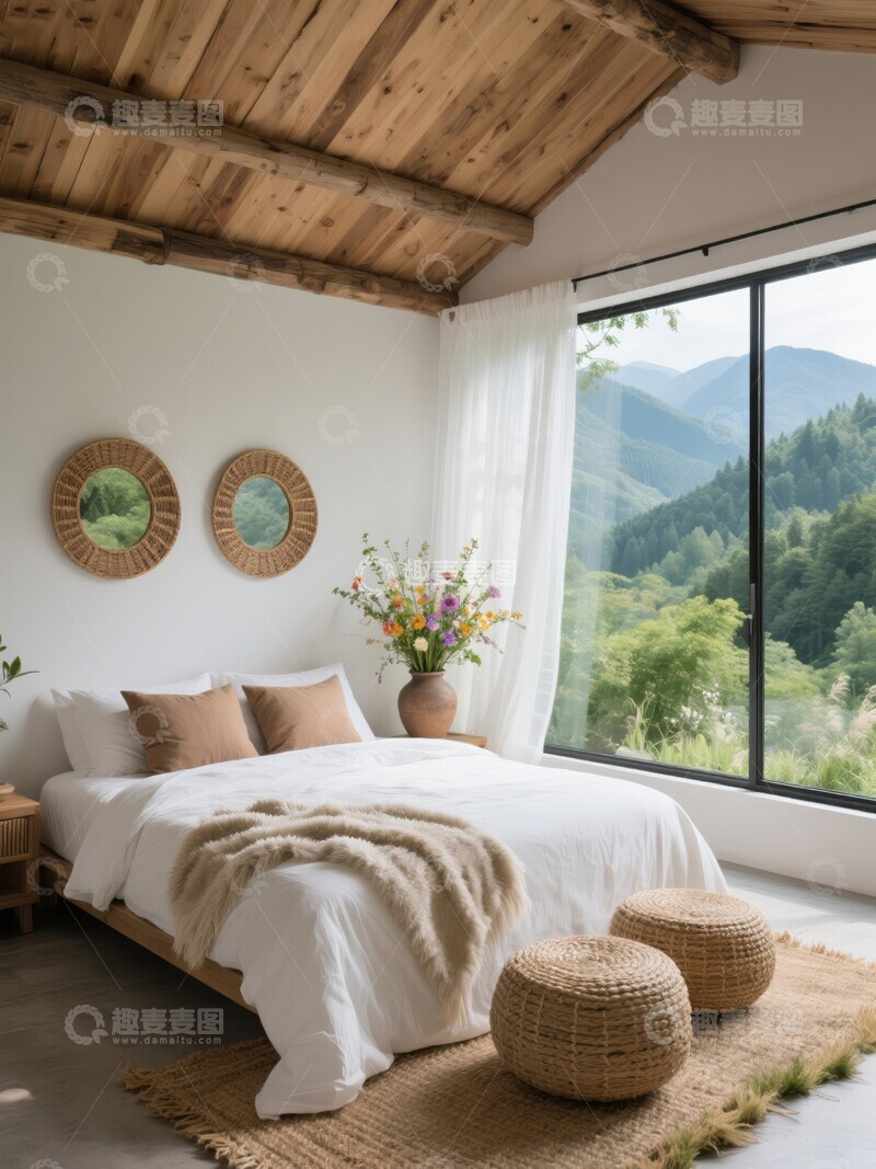 高清大图下载【趣麦麦图】山景木屋卧室，温馨自然