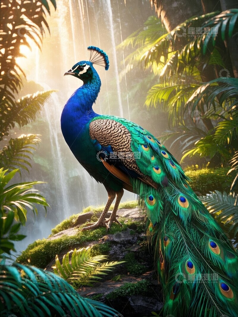 高清大图下载【趣麦麦图】孔雀栖息于瀑布旁的岩石上