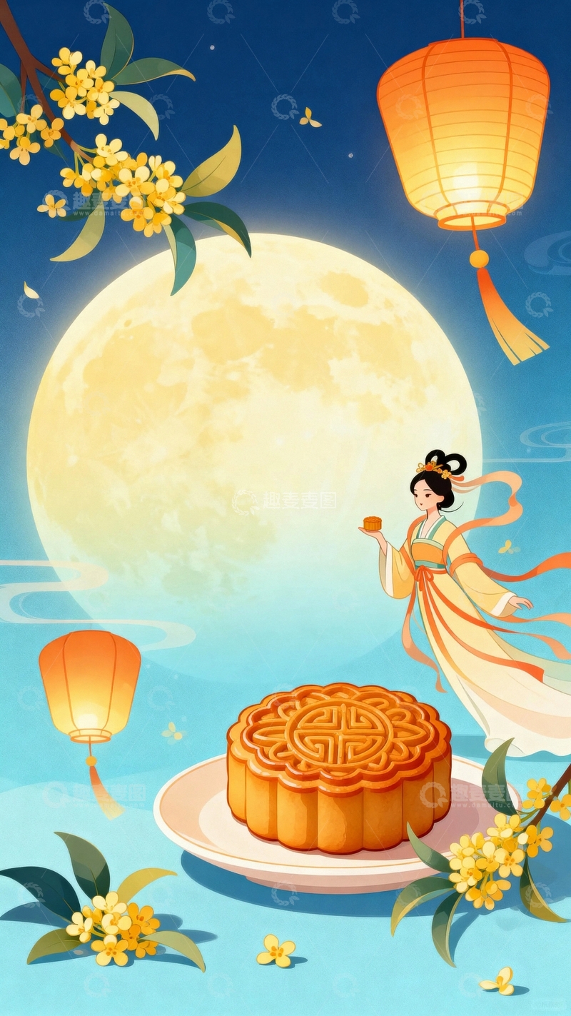 高清大图下载【趣麦麦图】中秋节嫦娥桂花中国风背景009
