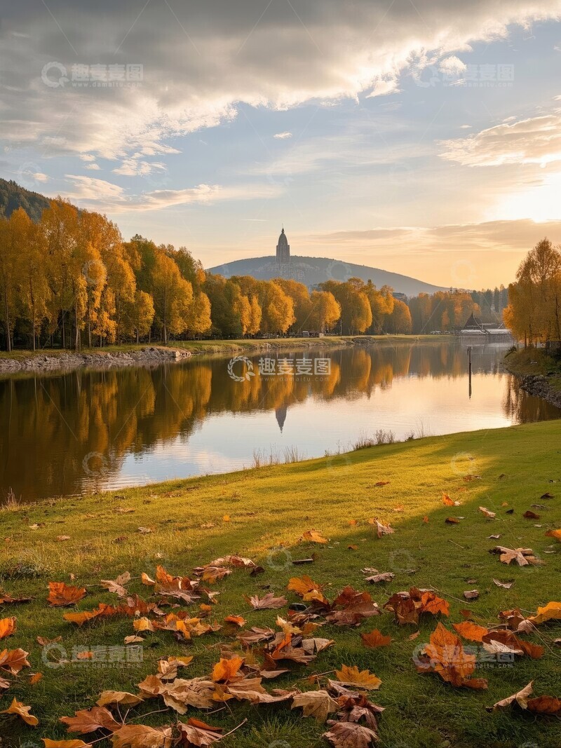 高清大图下载【趣麦麦图】秋日湖畔落叶与远山塔影