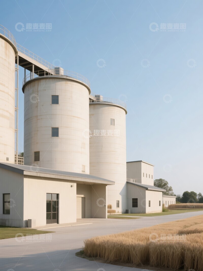 高清大图下载【趣麦麦图】农场中的白色筒仓与附属建筑