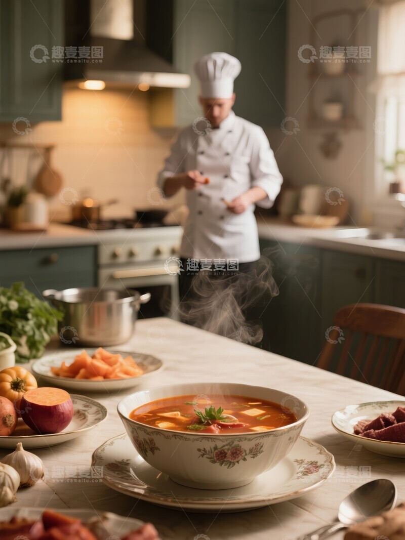 高清大图下载【趣麦麦图】厨师在厨房准备罗宋汤