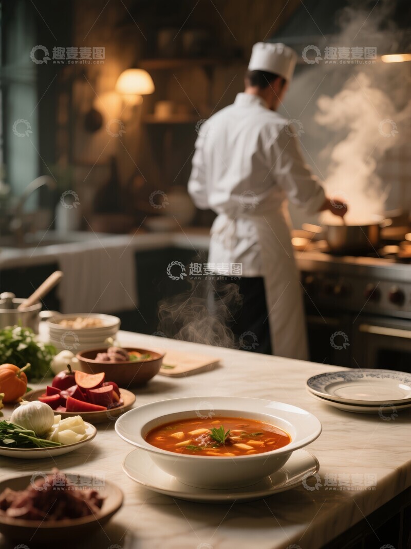 高清大图下载【趣麦麦图】厨师在厨房准备汤品