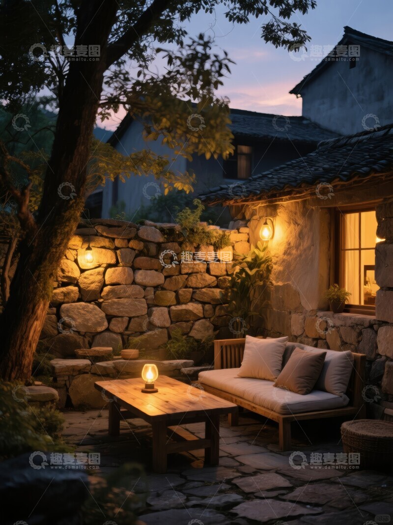 高清大图下载【趣麦麦图】山中庭院夜景灯光温馨