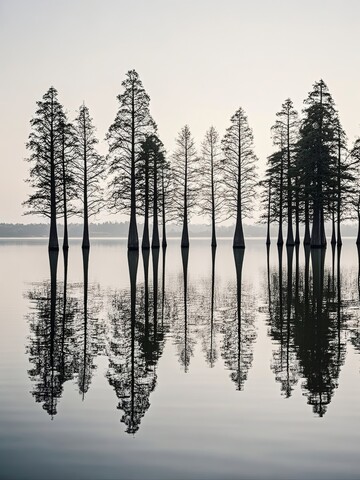 水杉林倒影静谧湖面