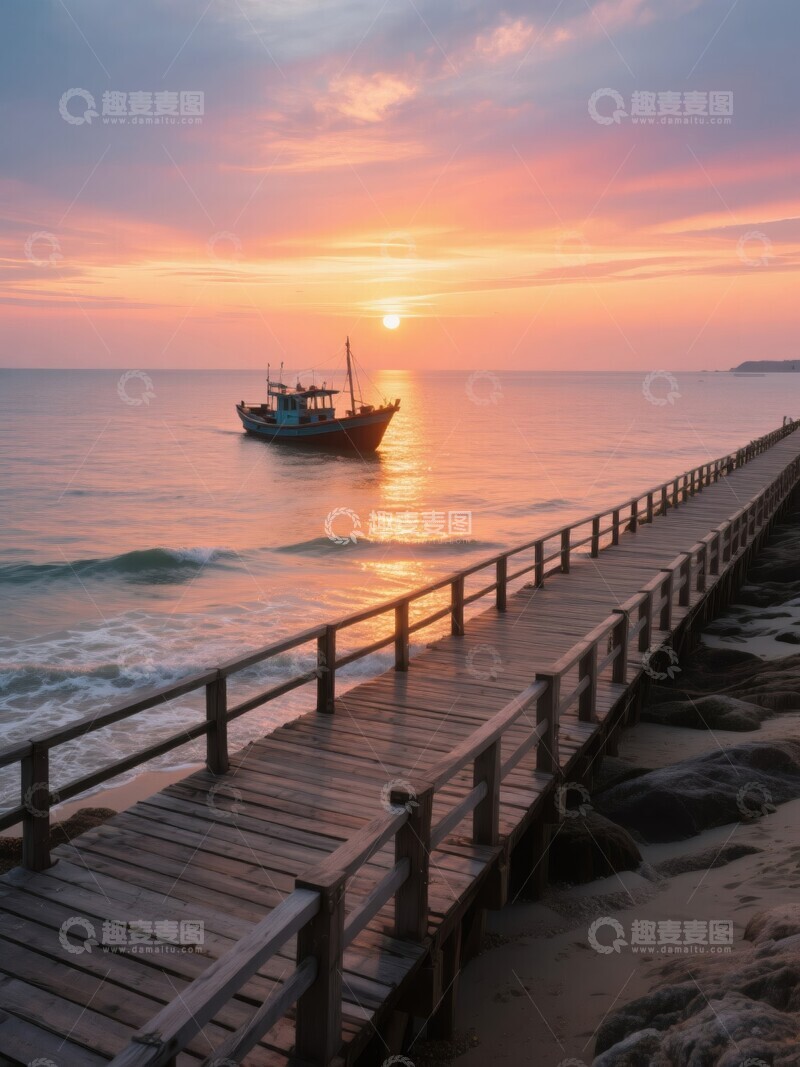 高清大图下载【趣麦麦图】日落海边木栈道与渔船