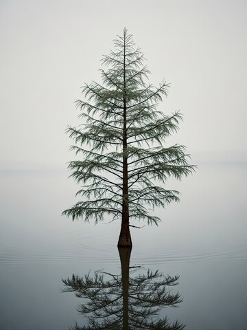 湖面孤树倒影