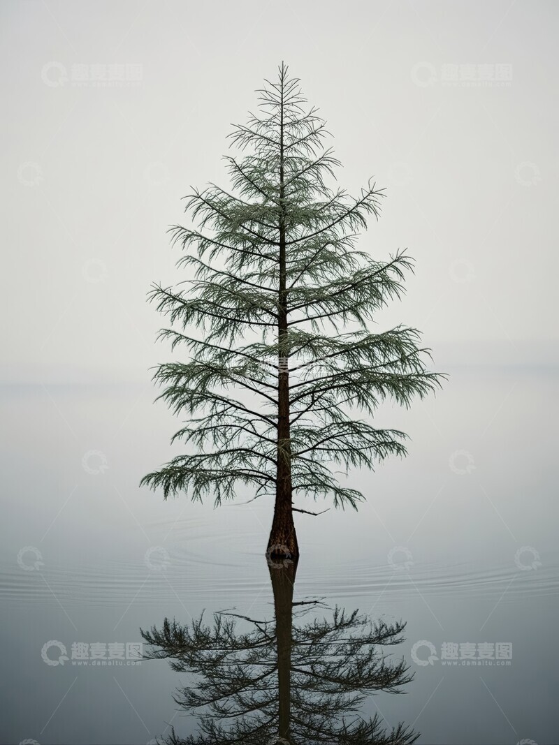 高清大图下载【趣麦麦图】湖面孤树倒影