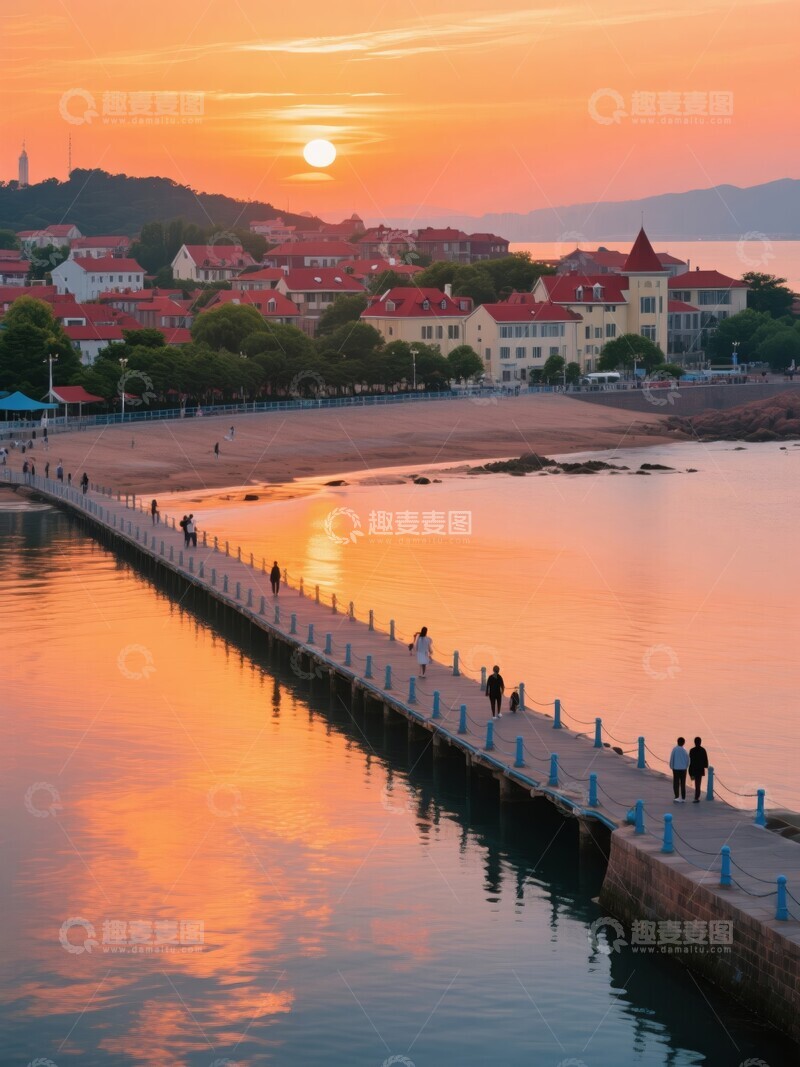 高清大图下载【趣麦麦图】日落时分的海滨栈桥和建筑