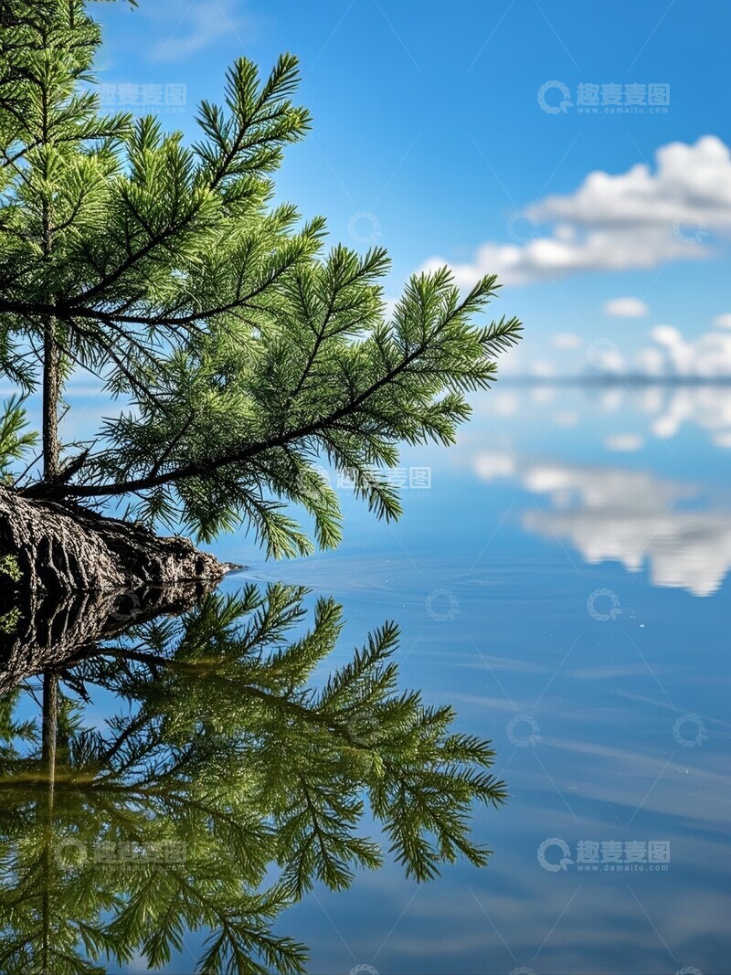 高清大图下载【趣麦麦图】水边柏树倒影